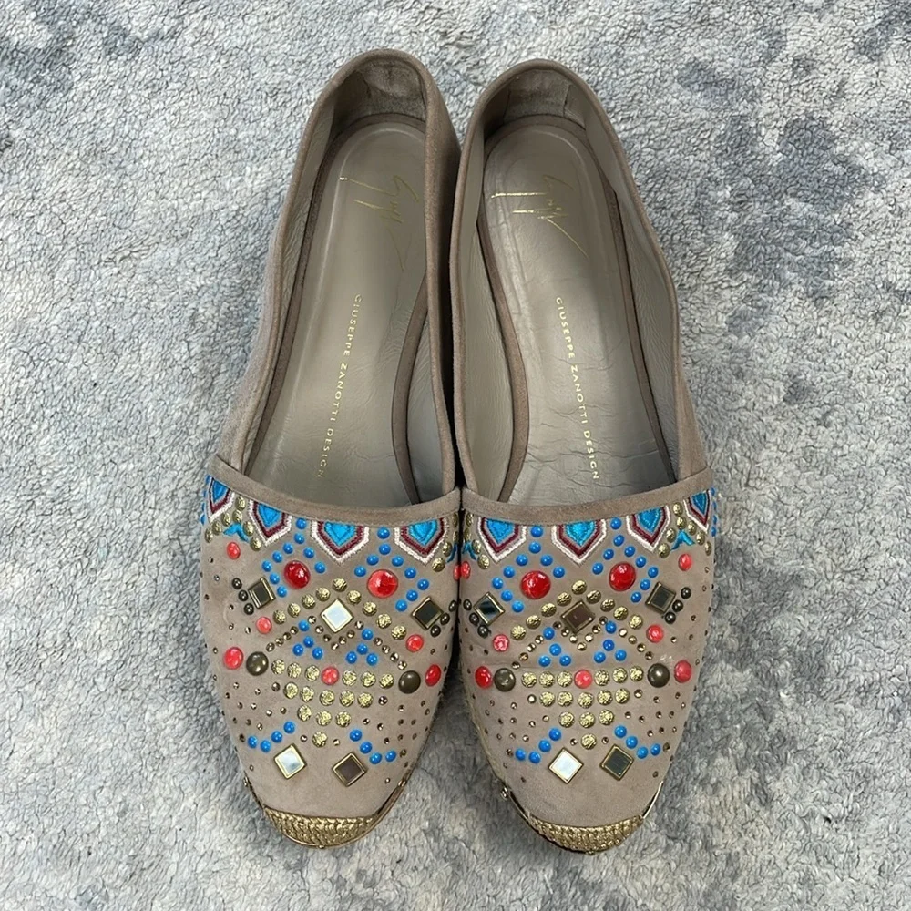Giuseppe Zanotti Suede Beaded Studded Espadrille Loafer Flats Sz 41